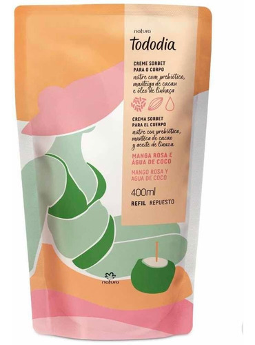 Crema hidratante corporal Tododia Natura con agua de mango y coco, tipo paquete: bolsitas monodosis, fragancia de agua de rosa, mango y coco
