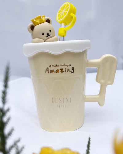 Imagen 2 de 10 de Taza De Cerámica + Sorbete De Vidrio Diseño Oso 450ml