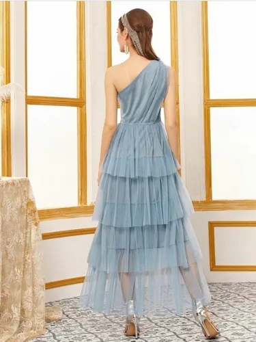 Maxi Vestido De Fiesta Elegante Un Solo Hombro Olanes En Tul Maxi Vestido De Fiesta Elegante Un Solo Hombro Olanes En Tul