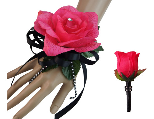 Set: Muñeca Corsage Boutonniere-hot Rosa Negro Artificial