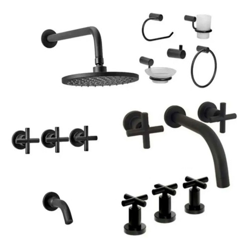 Combo Griferia Lavatorio Pared Bidet Ducha Accesorios Black 