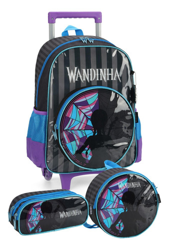 Kit Escolar Mochila Rodinha Lancheira Estojo Duplo Wandinha