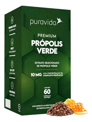 Premium Própolis Puravida, Extrato Fenóis 10mg, 60 Cápsulas