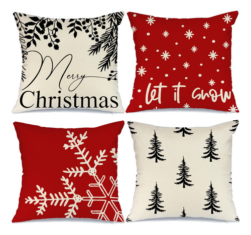 Fundas De Almohada Navideñas 18x18 Pulgadas Juego De 4 Rojo, Blanco, Negro Navidad
