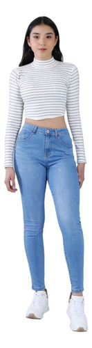 Pantalón Para Dama Tiro Alto Corte Denim Estilo Casual