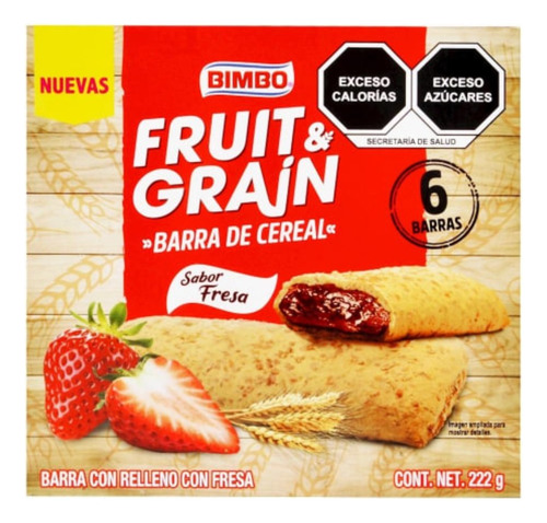 3 Pzas Barra De Cereal Bimbo Fruit & Grain Sabor Fresa 222 G