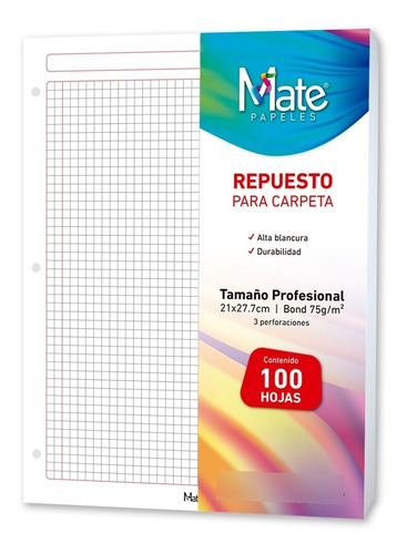 Mate | Hojas Para Carpeta | Carta | 100 Hojas | Cuadro Chico