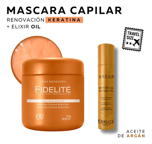 Mascara Capilar Keratina Reparadora 270gr Fidelite + Mythical Elixir Oil 10ml Serum Aceite de Argan Travel Size Brillo Hidratacion Linea Reparacion