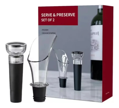 Set Kit Tapon C/vacio Y Pico Vertedor Para Botellas De Vino Transparente Y Negro