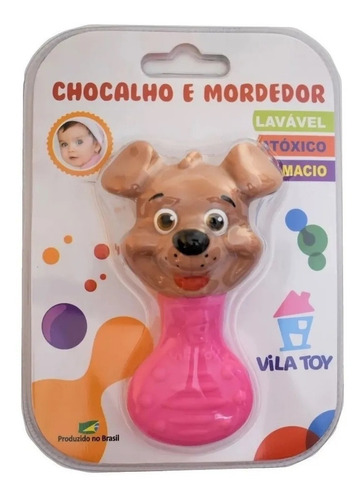 Kit Mordedor Chocalho Gatinho + Cachorro Para Bebê E Pet Cor Rosa