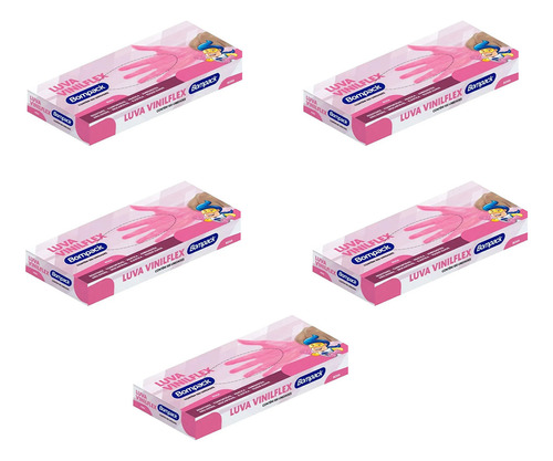 Kit 5 Luvas Descartavel Vinilflex Caixa Com 100 Un Tamanho G Cor Rosa