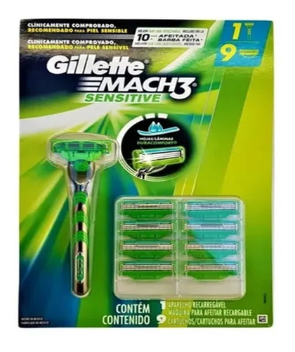 Imagem 1 de 7 de Aparelho Gillette Mach3 Sensitive E 9 Catuchos Kit Econômico