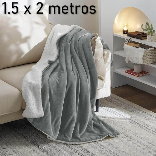 Manta De 1 Plazas Color Gris Y Cordetiro 1.5 X 2 Metros