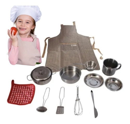 Set Cocina Ollitas Juguete Plateadas Con Delantal Y Toalla  