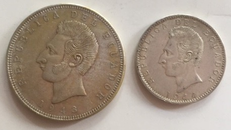 Lote De 2 Monedas De Plata Ecuador De 2 Y 5 Sucres 1943-1944