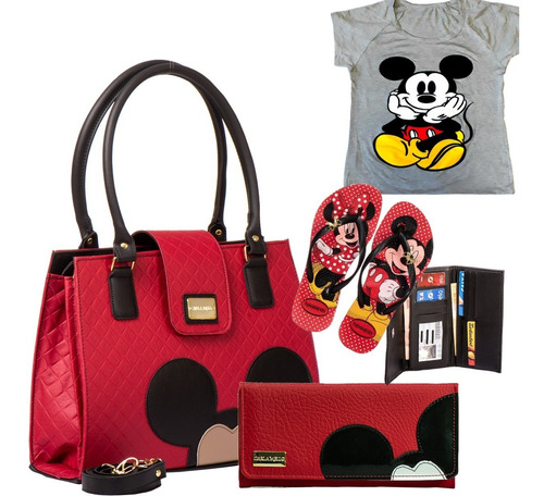 Bolsas Feminina Mickey Com Carteira Camiseta Chinelo Minnie 