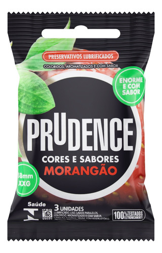 Preservativo Lubrificado Morangão Prudence Cores e Sabores XXG Pacote 3 Unidades