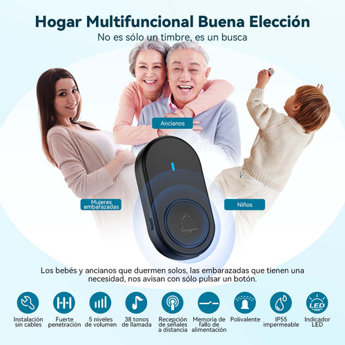 Timbre Inalámbrico Impermeable Con Luz Led 1 Transmiso 1 Rec Negro