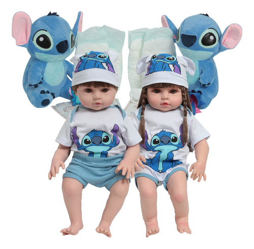 Boneca Reborn Gêmeos Realistas 46cm Enxoval Stitch Fofinho