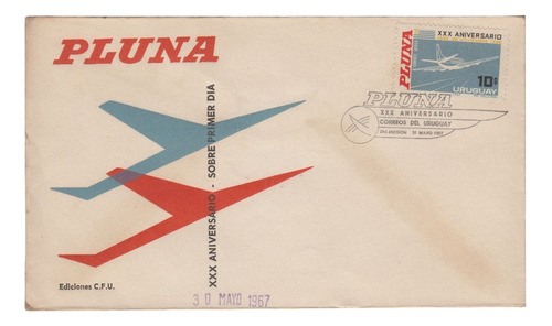 1967 Uruguay Aerolinea Pluna 30° Aniversario Sobre Fdc Sello