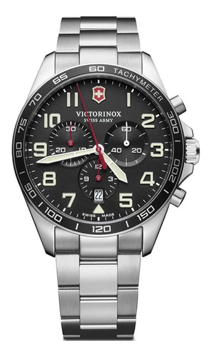Reloj pulsera Victorinox Chrono con correa de acero inoxidable color plata - fondo negro - bisel negro/blanco