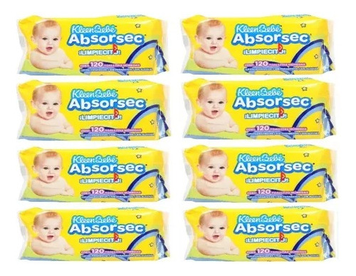 8 Paq Toallitas Humedas Kleen Bebé Absorsec 120 Toallitas