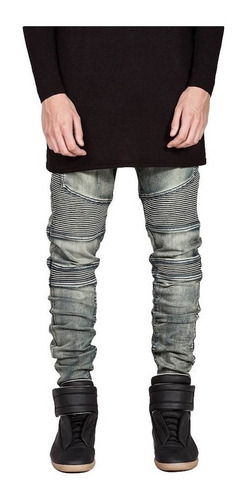 Biker Jeans Hombres Moda Slim Con Arrugado Diseño