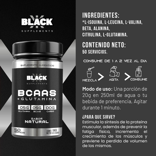 Black Supplements Aminoácidos Bcaas + Glutamina 1kg Natural