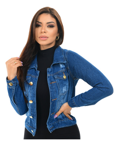 Jaqueta Feminina Jeans Média Destroyed Lixada Escura