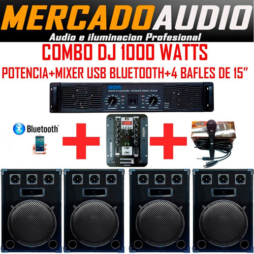 Imagen 1 de 6 de Combo Dj 1000w Potencia+mixer Usb Bluetooth+4 Bafles 15**