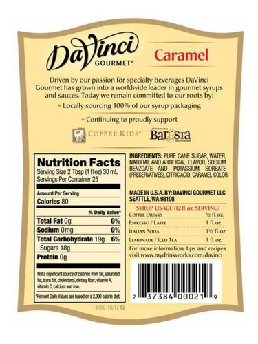 Jarabes Davinci Gourmet Para Bebidas Sabor Caramelo Cont. 1l