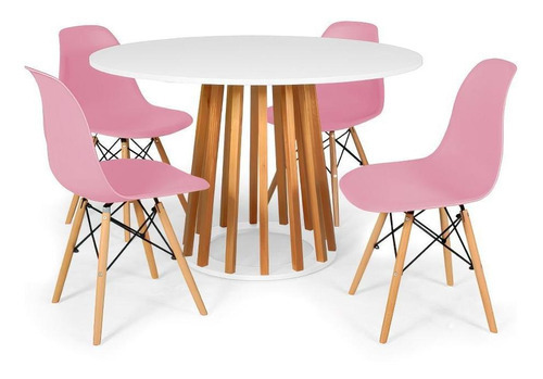 Mesa Jantar Talia Amadeirada Branca 120cm +4 Cadeiras Eiffel Cor Rosa