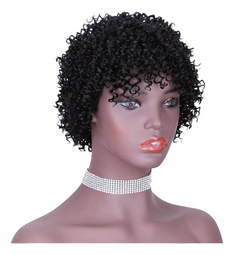 Peluca De Cabello Humano Corto Tipo Rizado De Color Negro Af