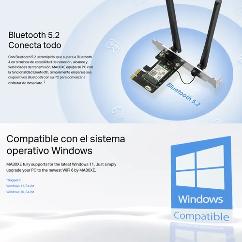 Mercusys, Tarjeta De Red Pcie Ax3000 Wifi 6 + Bt 5.2, Ma80xe