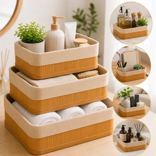 Kit 3 Cestos Organizadores Casa Multiuso Bambu Forro Lavável Bambu