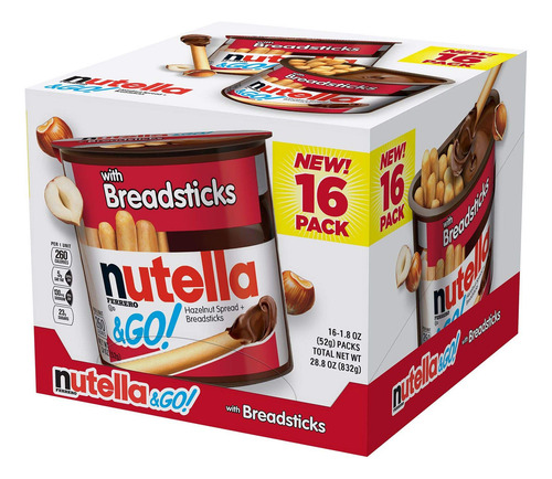 Nutella & Go Avellanas Untar Con Palitos De Pan De 31 Onzas, Paquete De 16 Unidades, 1.8 Onzas Cada Una, 1.8 Onzas (paquete De 16)