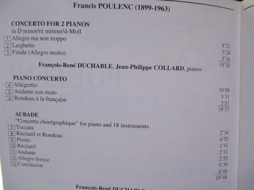 Imagen 3 de 5 de Francis Poulenc Concerto For 2 Pianos Piano Concerto Aubade