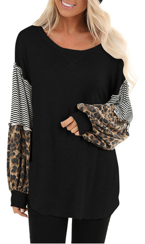 Blusa Holgada De Manga Larga Con Estampado De Leopardo Para