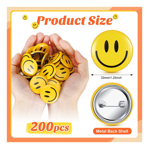 200 Pcs Smile Face Button Pin Retro Pinback Insignia Cásica