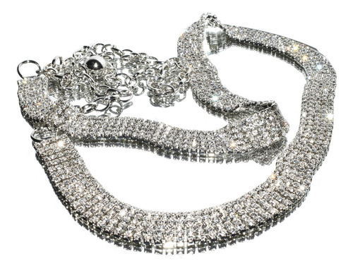 Cinto Cadena Tresher Metálico Fiesta Cinco Líneas De Strass Plateado Liso Con Strass Único