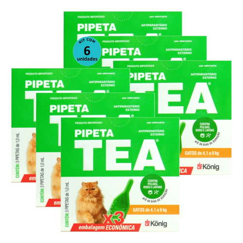 Pipeta Tea Antipulgas Gatos 4,1 A 8kg C/ 3 Un Kit Com 6 Cxs