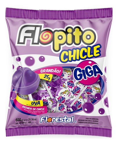 Pirulito Flopito Chicle Giga Uva C/24