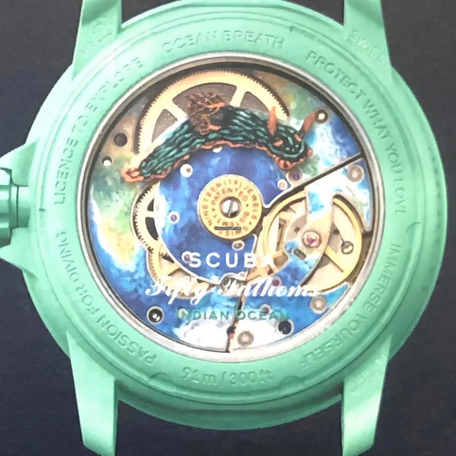 Reloj Swatch X Blancpain Océano Indico Edicion Especial Correa Verde Bisel Negro Fondo Verde
