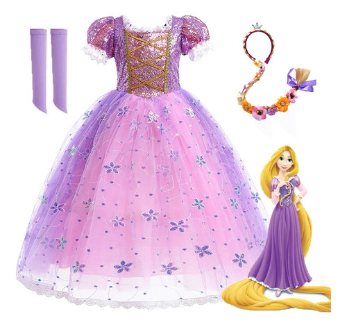 Vestido Rapunzel Girl Princess Com Peruca, Festa Infantil, F