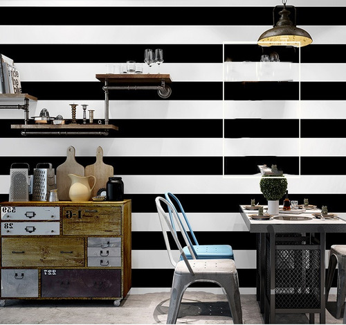 Imagen 4 de 6 de Papel Tapiz A Rayas Blanco Y Negro Dormitorio Sala Mayoreo