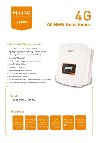 Imagen 2 de 3 de Inversor Solis 2.5 Kw 4g 220 V Incluye Wifi Stick