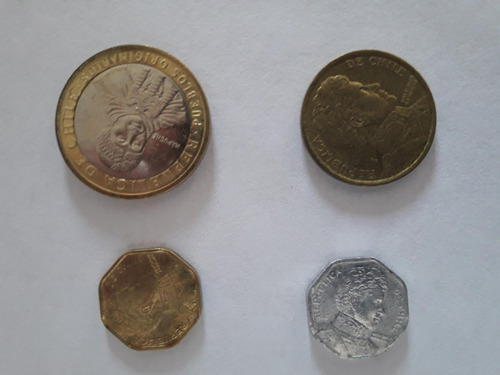 Lote De 4 Monedas Chilenas (100, 10, 5 Y 1 Peso). (Usado)