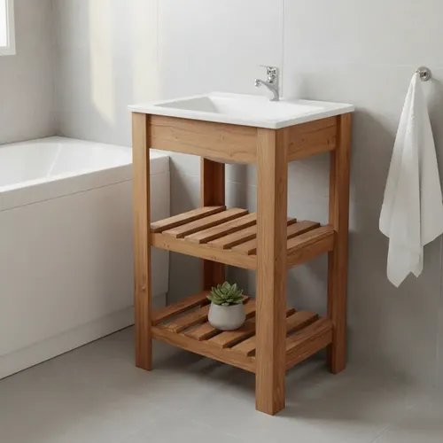 Vanitory De Pie Madera Maciza Baño 50cm + Bacha + Grifería Marrón Claro Blanco Un Agujero