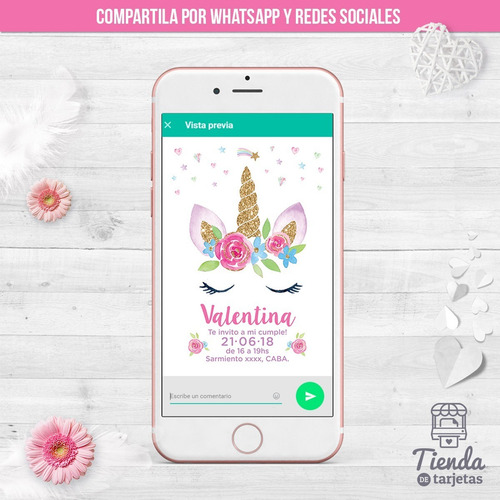 Imagen 4 de 4 de Invitación Digital + Imprimible - Unicornio Con Flores