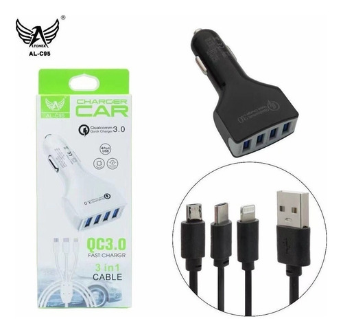 Carregador Celular Smartphone Veicular Carro Turbo 4usb Cabo Cor Preto